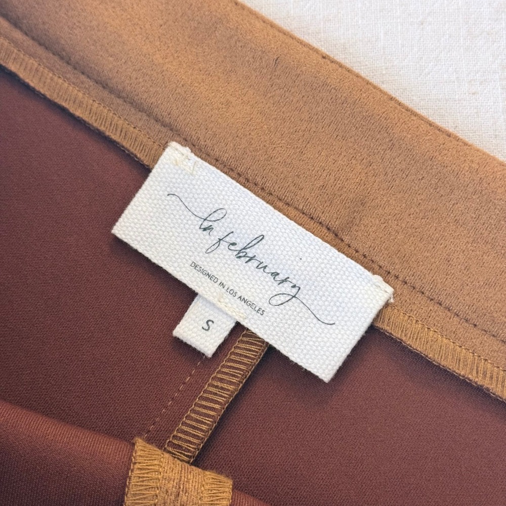 In February Faux Suede Midi Skirt Camel Brown Paneled Pencil Skirt Small - Picture 4 of 8